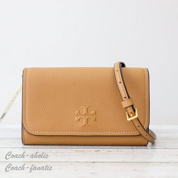 NWT Tory Burch Thea Small Pebble Leather Flat Wallet Crossbody in Tiramisu - Picture 3 of 14